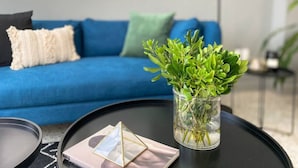 Ein Wohnzimmer mit einem blauen Sofa, einem Couchtisch mit einer Pflanzvase und gerahmten Bildern an der Wand.