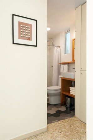 A narrow hallway leading to a bathroom with a shower, toilet, and sink.