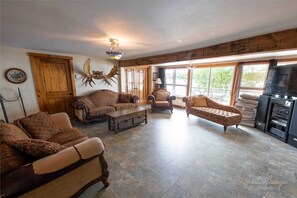 智能电视、壁炉、DVD 播放器、书