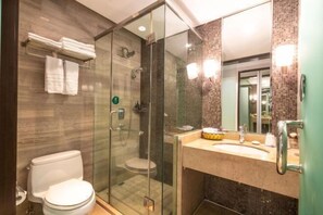 A modern bathroom with a glass-enclosed shower, a toilet, and a sink with a mirror.