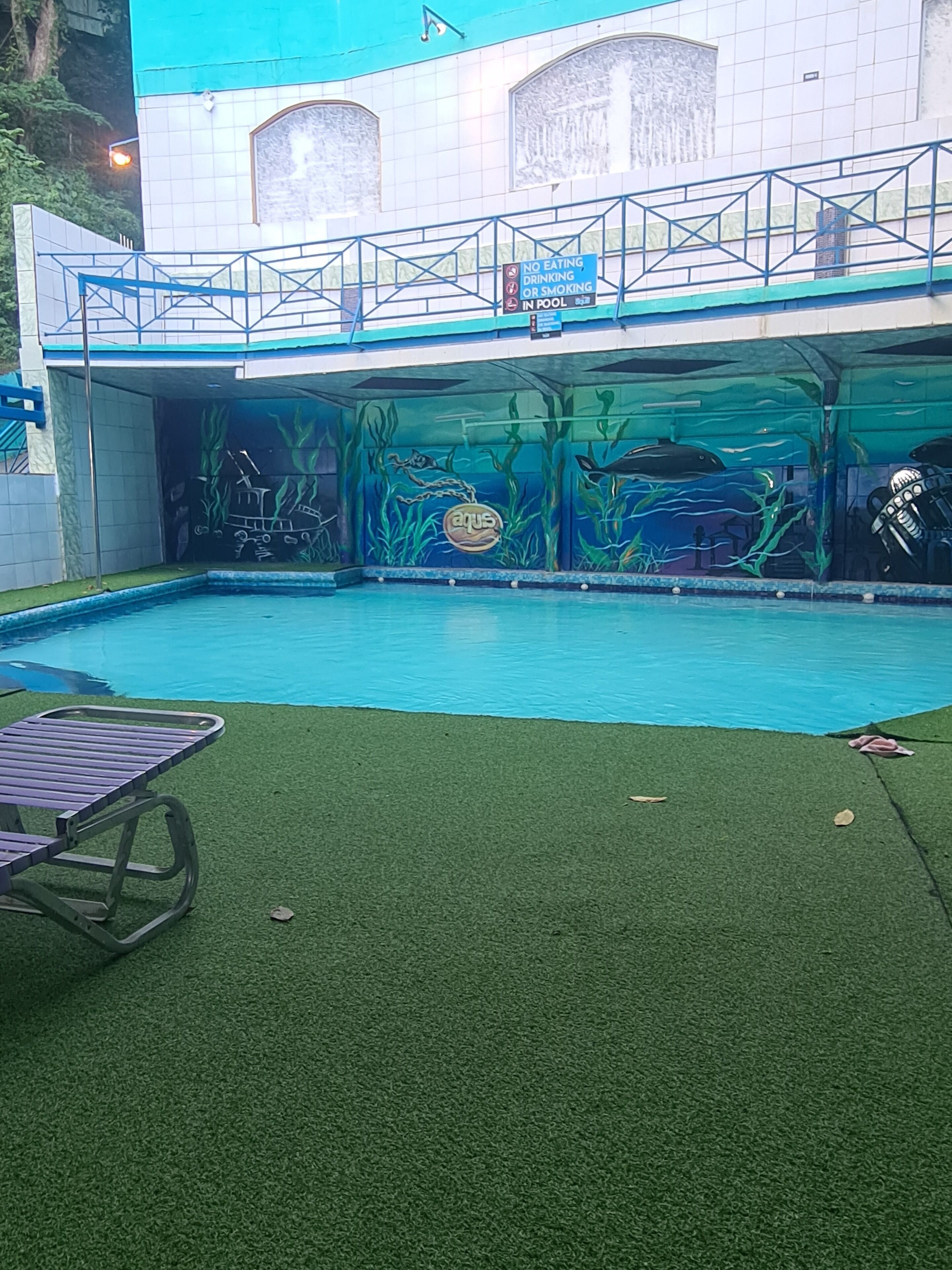 Une piscine ornée d’une fresque sous-marine, un espace couvert avec une rambarde et un fauteuil de relaxation.