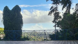 A paved outdoor area with a geometric metal fence and a view of trees and buildings in the distance. - Alicia's Palace (Port of Spain)
