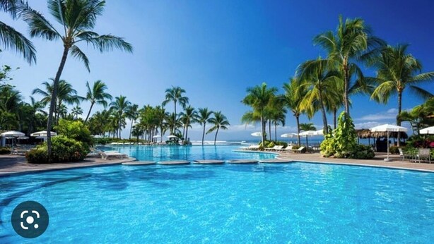 Ein großer Pool, umgeben von Palmen und Sonnenschirmen, mit blauem Himmel im Hintergrund.