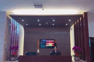 Zona de recepción con escritorio, pantalla de televisión y plantas en macetas.