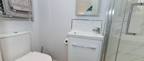 A bathroom with a toilet, sink, and glass shower enclosure.