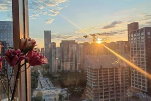 A view of a cityscape with high-rise buildings and a construction crane, taken from a window with a vase of flowers. - Zhonglv Hotel (Huilai)
