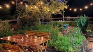 Un patio al aire libre con mesa y sillas de madera, rodeado de un jardín con diversas plantas y una guirnalda de luces.