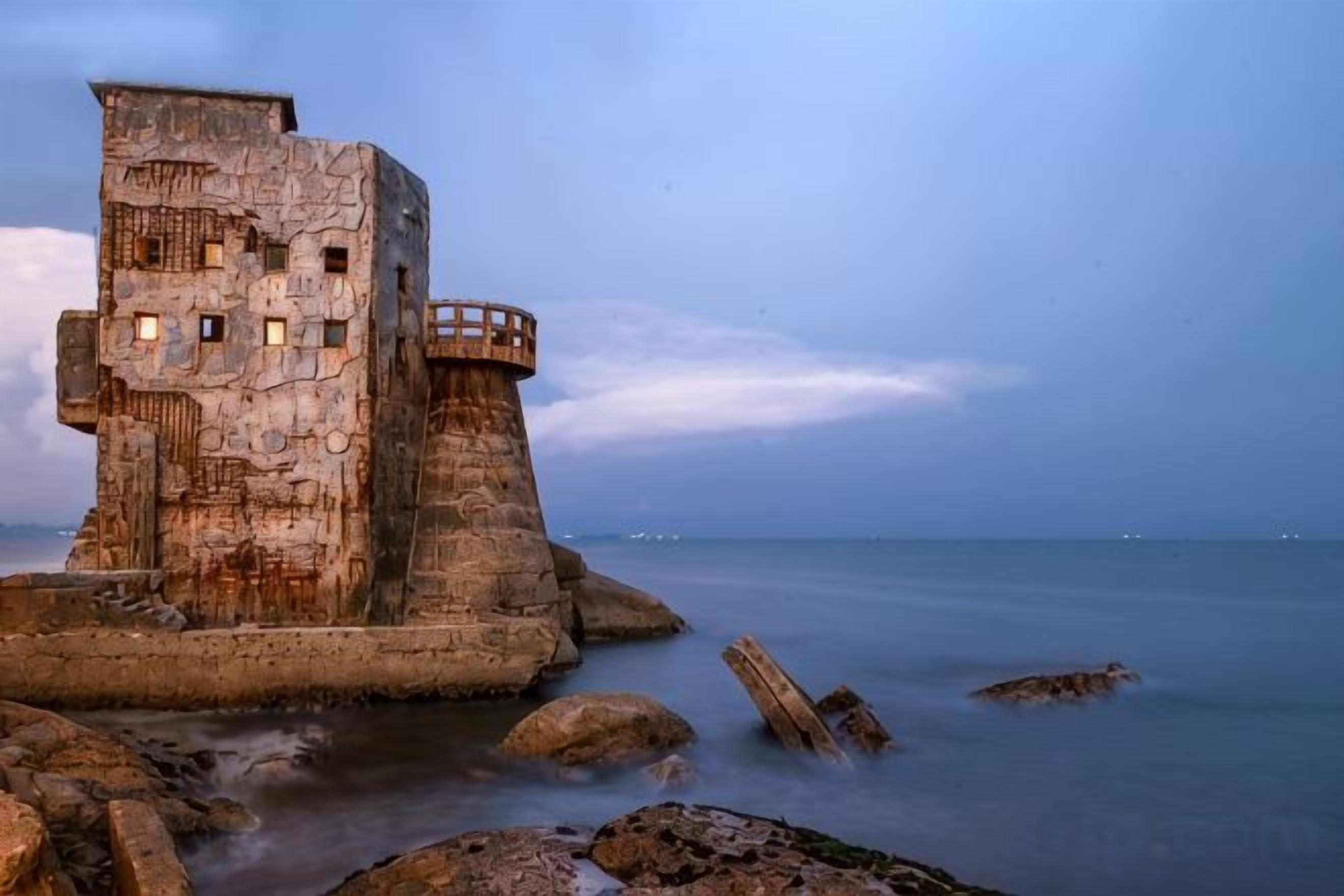 A coastal structure with a tower, surrounded by calm water and rocks.