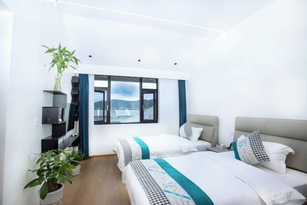 A modern hotel room with two beds, a large window, a plant, and a TV on a stand.
