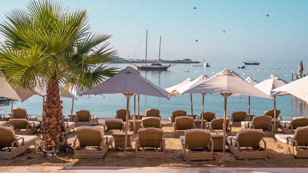 Playa privada, arena blanca, bar en la playa