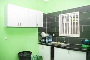 Fridge, microwave, electric kettle, toaster