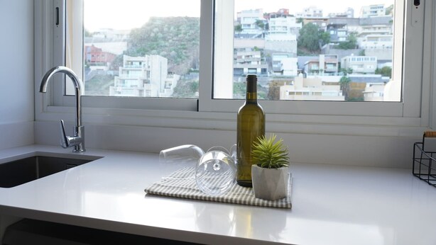 Una cocina con ventana, un lavamanos, una botella y una planta.