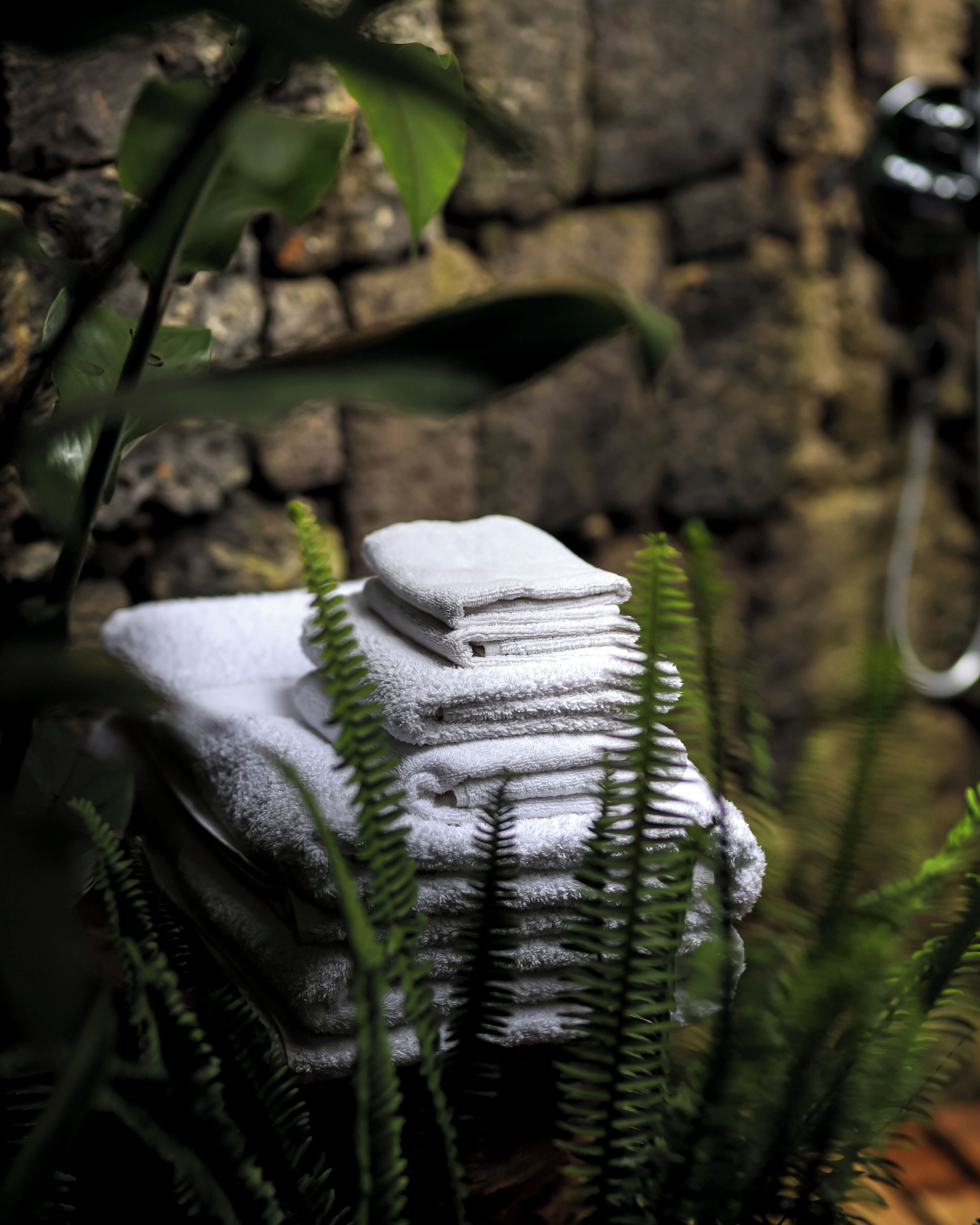 A stack of white towels on a stone surface with green foliage in the foreground.