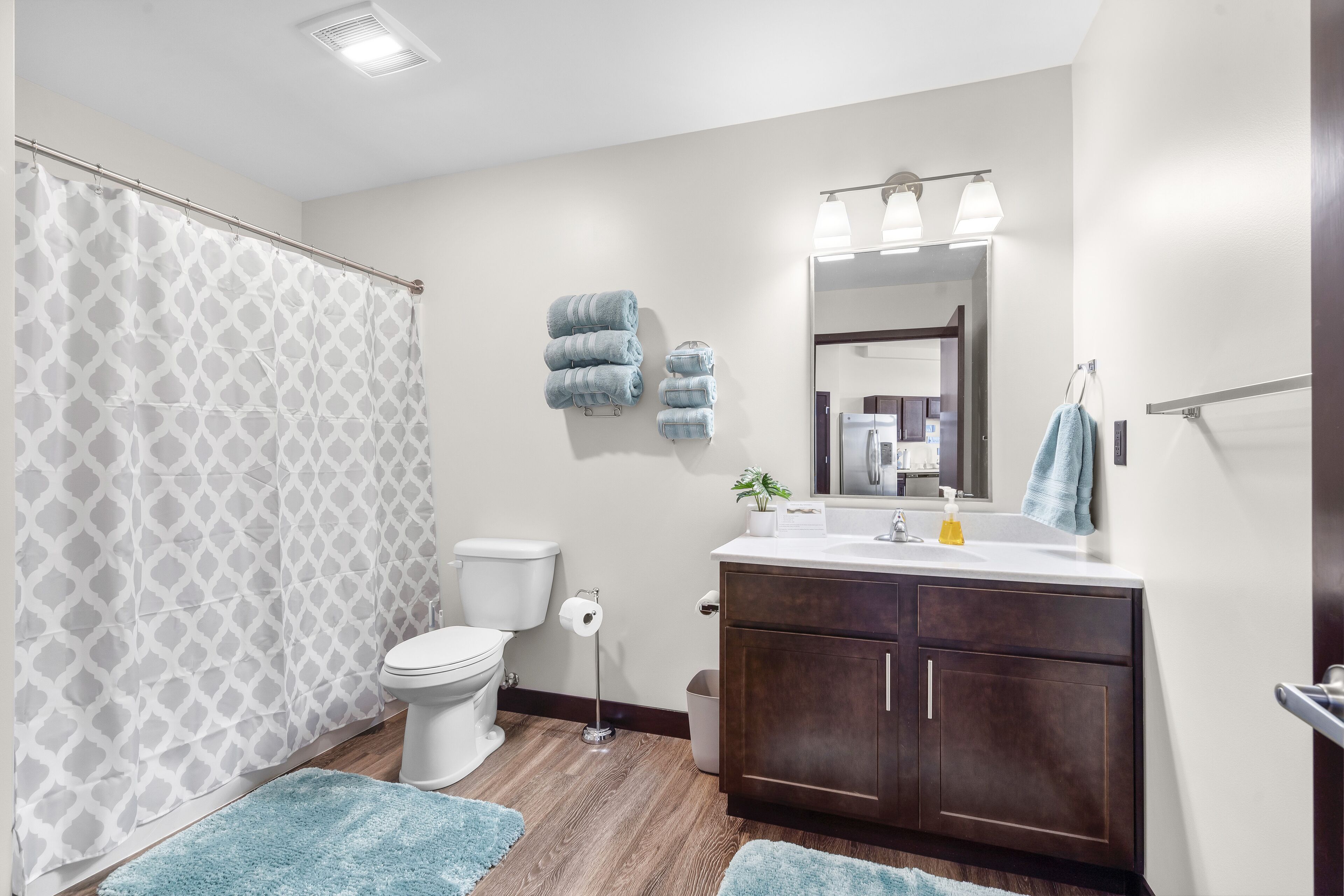 Hair dryer, towels, soap, shampoo