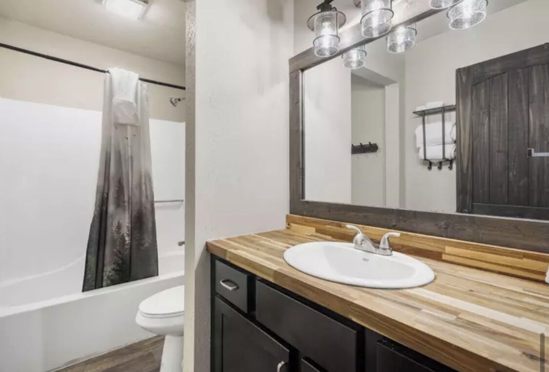 Combined shower/bathtub, hair dryer, towels