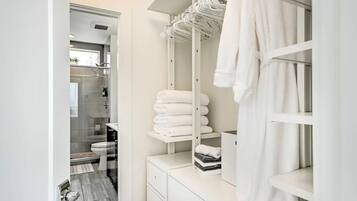 Shower, hair dryer, towels