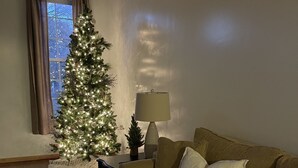 A living room with a Christmas tree, a sofa, a lamp, and a window with curtains. - Unique apartment in historic downtown (Vandalia)
