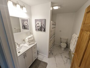 Une salle de bain équipée d’un lavabo, d’un miroir, d’un porte-serviettes et de toilettes. On y trouve deux appliques murales et un rideau de douche.
