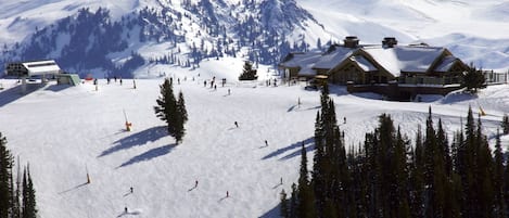 A ski resort with multiple lodges, ski slopes, and a mountainous backdrop.