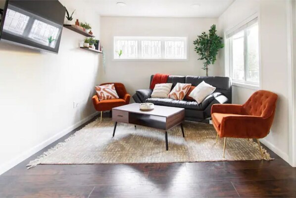 Smart TV, fireplace, books