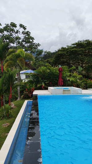 A swimming pool surrounded by lush greenery and a red umbrella. - Beautiful country house with viewpoint to the Eastern plain. (Restrepo)