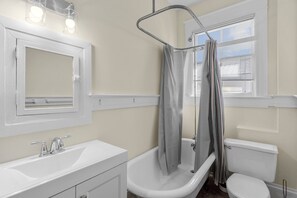 Hair dryer, towels, soap, shampoo