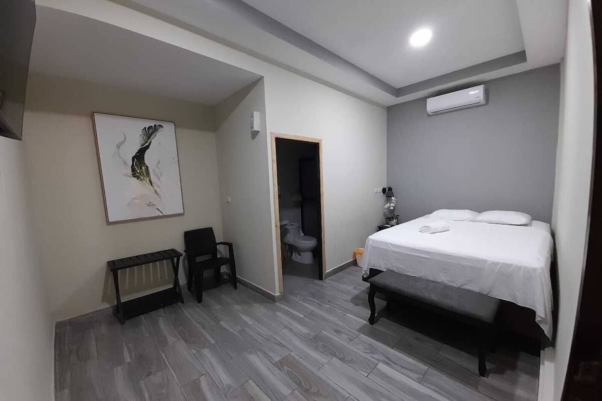 A bedroom with a bed, a chair, a radiator, a painting, and an air conditioning unit.