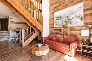 Basic Cabin | Living area | 43-inch TV with digital channels, fireplace - North Bay Mountains Cabins (Lake Arrowhead)