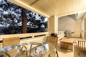 Relax in the serene patio area surrounded by a majestic pine tree, complete with a grill and comfortable seating.