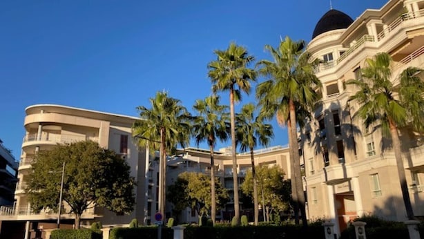 A hotel with a dome structure, palm trees, and a clear blue sky.
