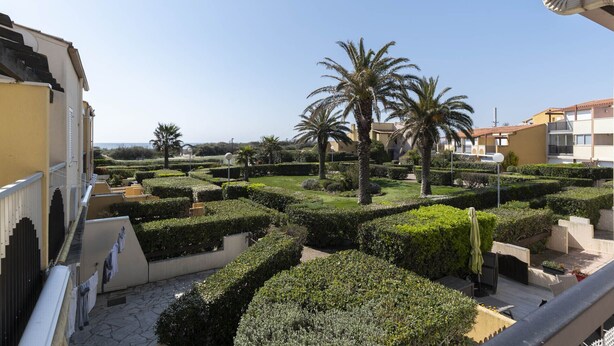 Un patio con setos cuidados, palmeras y vista al mar.