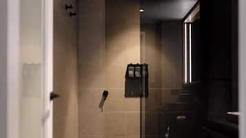 Shower, rainfall showerhead, designer toiletries, hair dryer