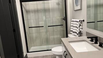 Hair dryer, towels, soap, shampoo