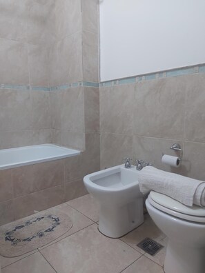 Hair dryer, towels, toilet paper