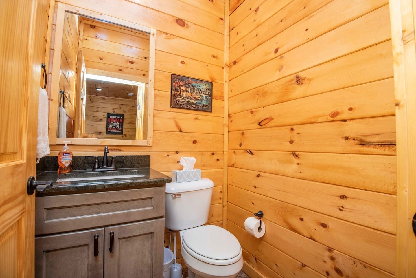Une salle de bain rustique, aménagée dans une cabane en bois, avec un lavabo, un miroir, des toilettes et un tableau encadré accroché au mur.