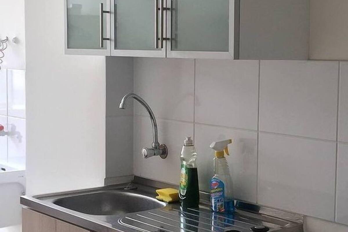 Eine Küche mit einem Edelstahl-Spülbecken, einem Wasserhahn und zwei Flaschen Geschirrspülmittel.