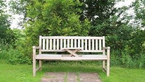 Een houten bank met een rugleuning en armleuningen, geplaatst op een geplaveid terras omringd door gras en begroeiing.
