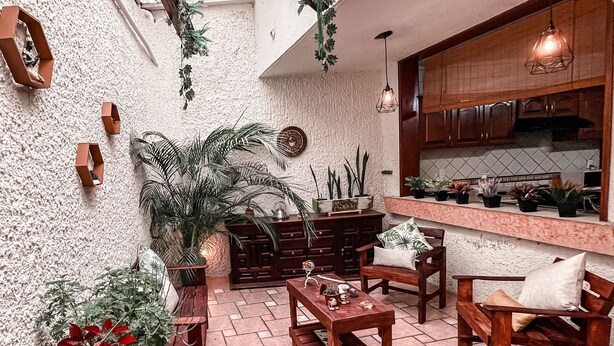 Ein gemütliches Interieur mit Küche, Sitzecke und Pflanzen.