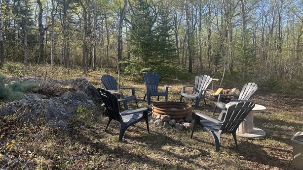 Une zone boisée où des fauteuils Adirondack sont disposés autour d’un foyer.