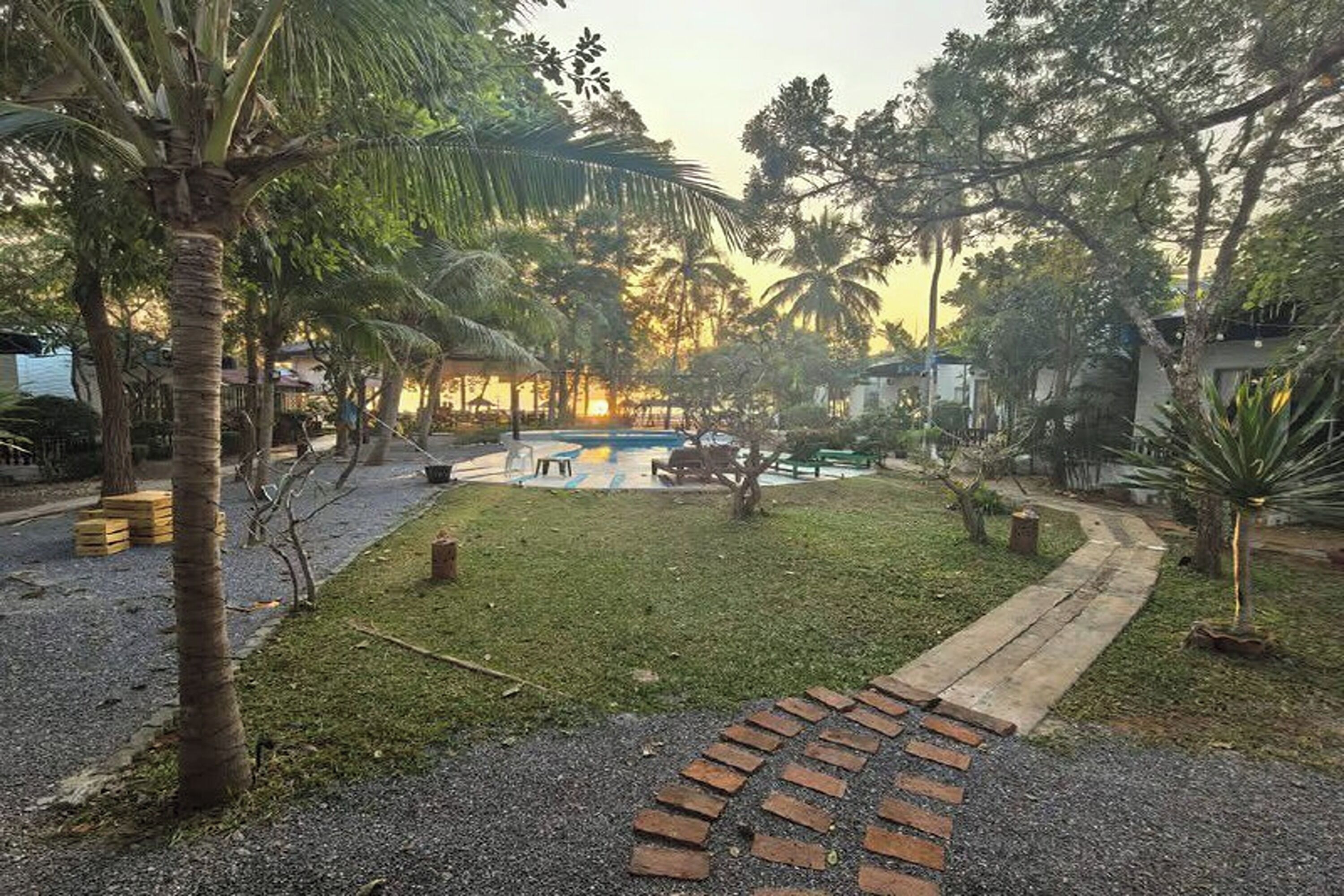 A garden with a pool, palm trees, and a brick pathway.