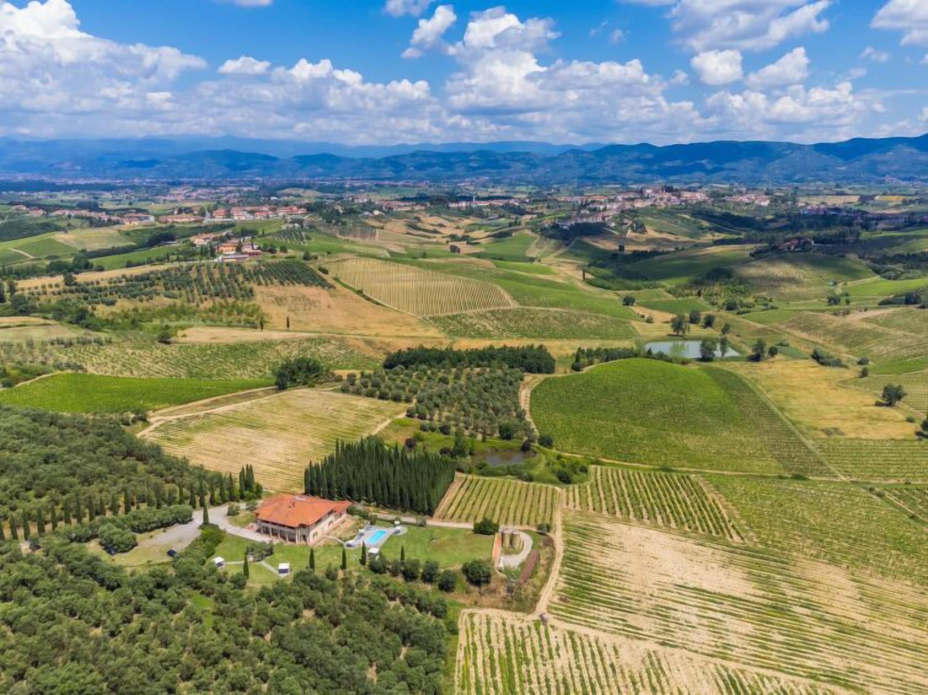 An aerial view of a rural landscape with terraced fields, a small building with a red roof, and a body of water.