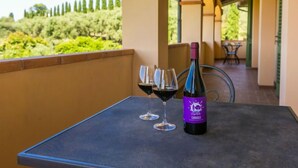 A table with a bottle of wine and two glasses on a balcony overlooking a vineyard. - Tipologia Mono by Interhome (Vinci)