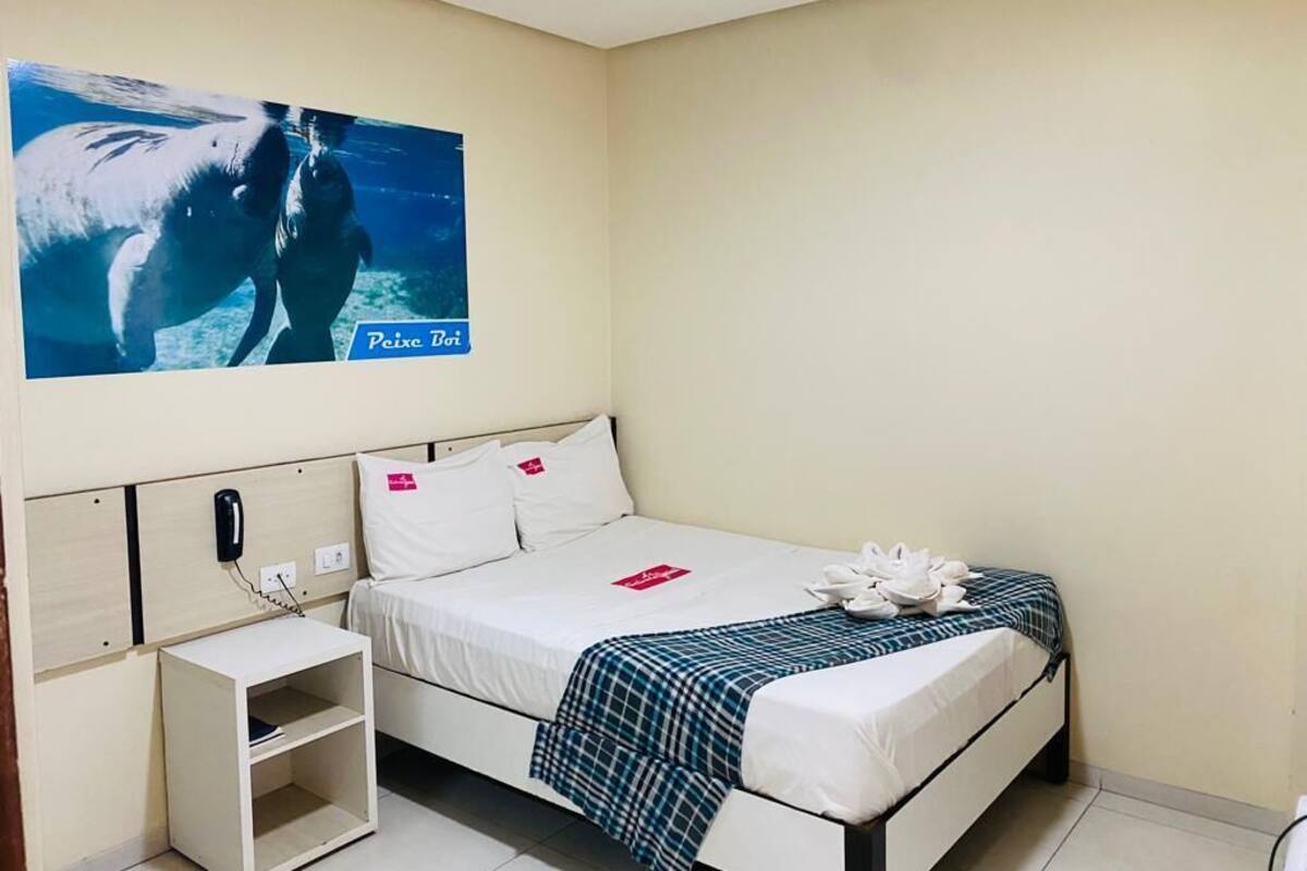 A hotel room with a bed, a bedside table, a nightstand, a wall-mounted phone, and a poster of a manatee.