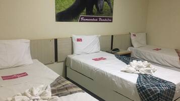 A hotel room with two beds, white bedding, and a poster of a tamanduá tamanduá on the wall.