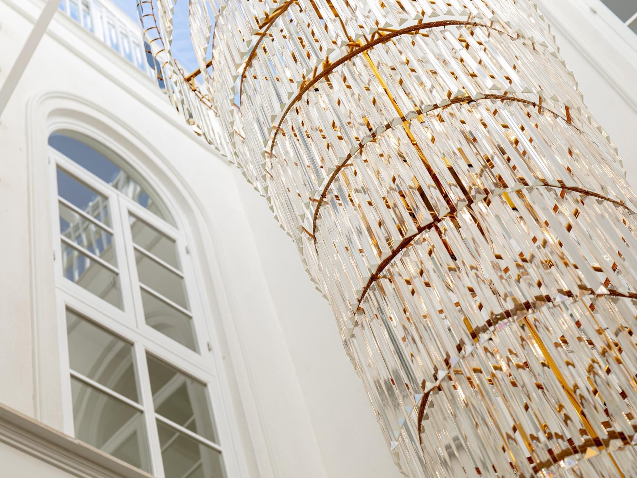 A chandelier with a geometric design.