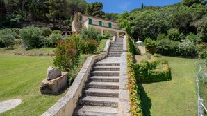 Eine steinerne Treppe führt zu einem Gebäude mit grünen Fensterläden, umgeben von üppiger Vegetation und Bäumen.