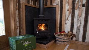 A wood-burning stove with a fire, a fire starter kit box, and a basket of firewood in a room with wooden walls and flooring. - The Sanderling  - sleeps 2 guests  in 1 bedroom (Beadnell)