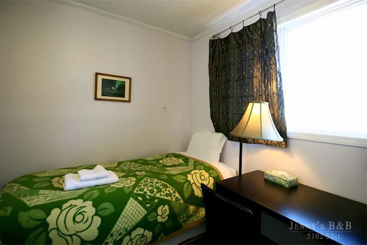 Une chambre d’hôtel avec une couvre-lit à motifs floraux verts, un oreiller blanc, un tableau encadré au mur, un bureau en bois foncé avec une lampe et une fenêtre avec un rideau foncé.