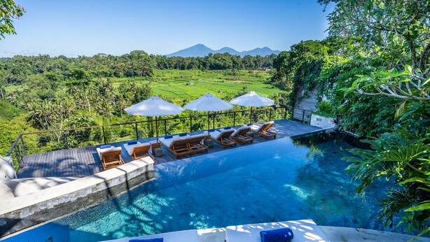 A pool area with lounge chairs and umbrellas, surrounded by lush greenery and a view of distant mountains. - Uma Kalai (Ubud)