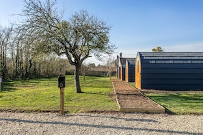 Stroll through a serene landscape of storage sheds and a single tree, surrounded by a well-manicured area.
